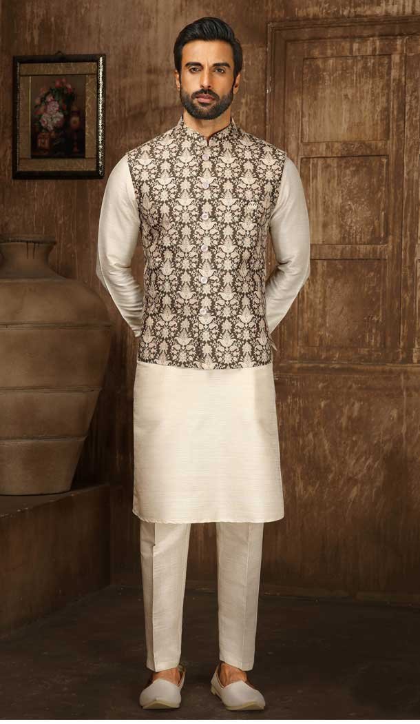 Digital Printed Thread Work Mehendi Cream Color Men’s Wedding Wear Kurta Pajama With Jacket -4606155915