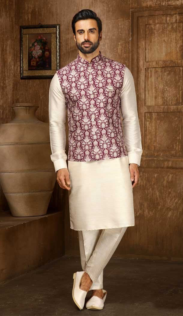 Digital Printed Thread Work Dark Onion Cream Men’s Wedding Wear Kurta Pajama With Jacket -4606155916