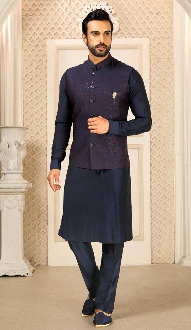 Banarasi Art Silk Work Navy Blue Color Men’s Kurta Pajama With Jacket -4606155917