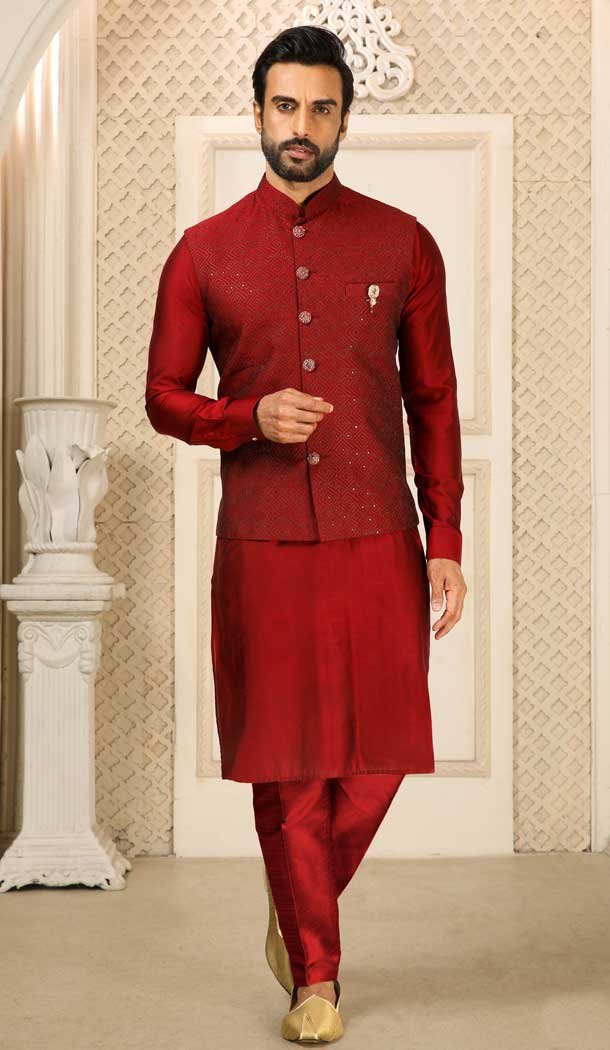 Banarasi Art Silk Work Maroon Color Men’s Kurta Pajama With Jacket -4606155918