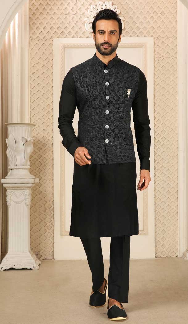 Banarasi Art Silk Work Black Color Men’s Kurta Pajama With Jacket -4606155919