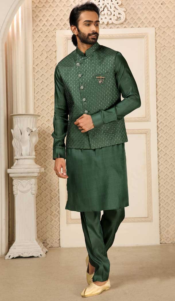 Banarasi Art Silk Work Green Color Men’s Kurta Pajama With Jacket -4606155920