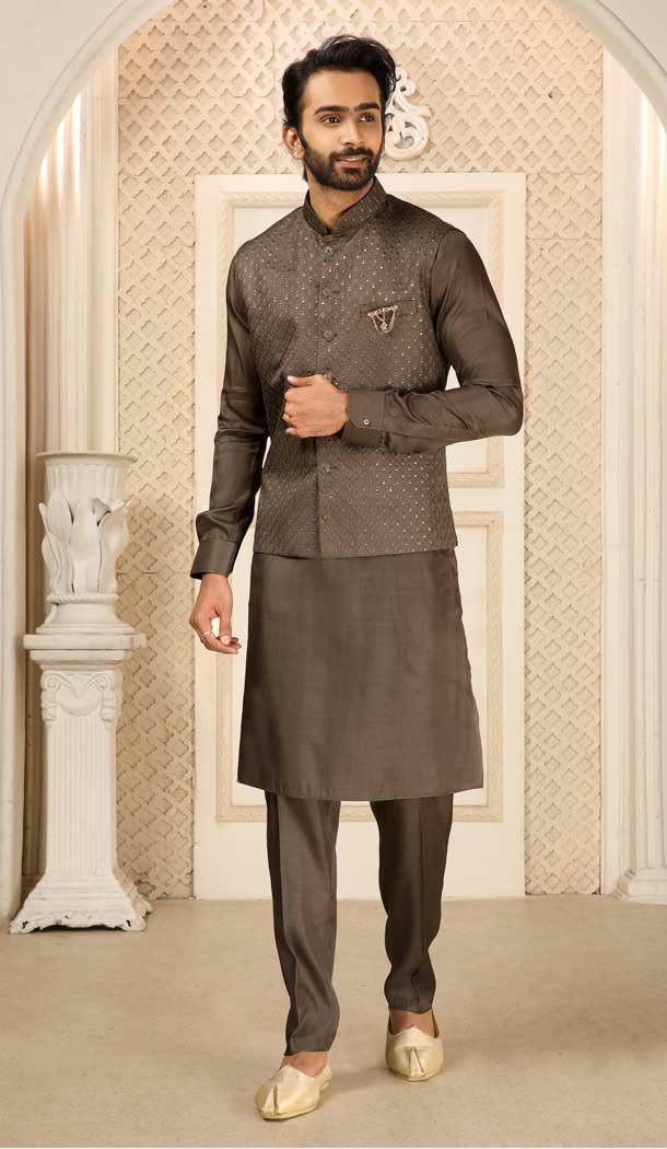 Banarasi Art Silk Work Dark Brown Color Men’s Kurta Pajama With Jacket -4606155921