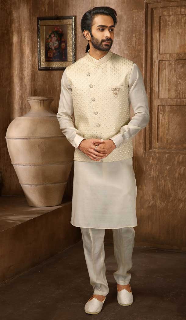 Banarasi Art Silk Work Cream Color Men’s Kurta Pajama With Jacket -4606155922