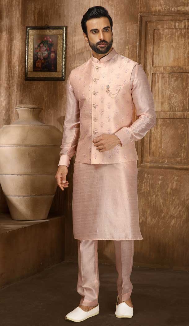 Banarasi Art Silk Work Peach Color Men’s Kurta Pajama With Jacket -4606155923