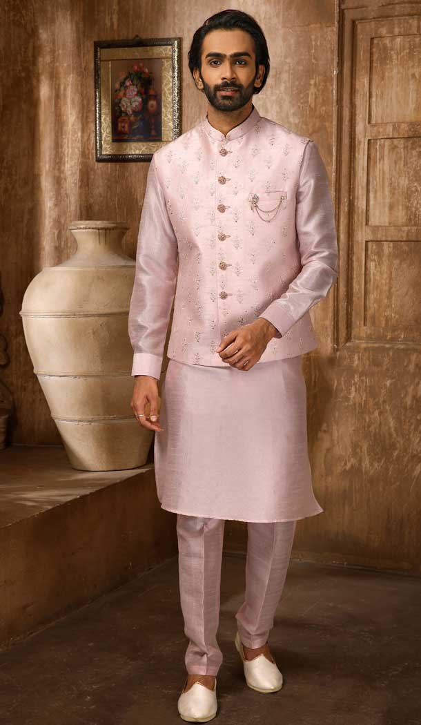 Banarasi Art Silk Work Pink Color Men’s Kurta Pajama With Jacket -4606155924