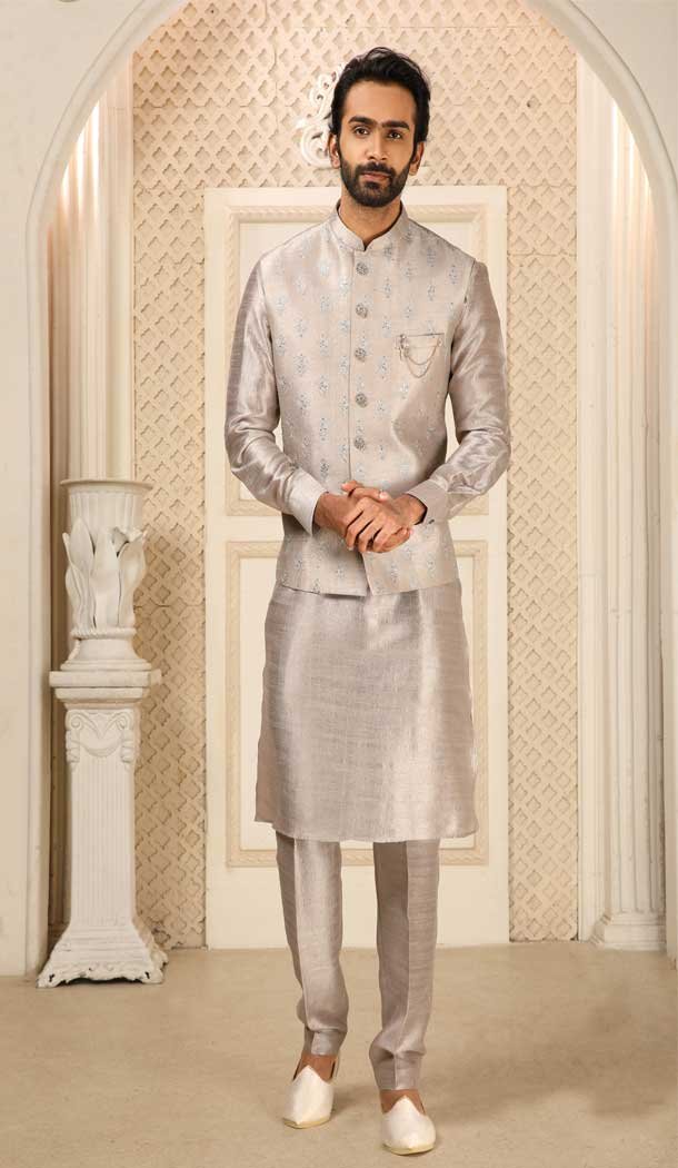 Banarasi Art Silk Work Grey Color Men’s Kurta Pajama With Jacket -4606155925