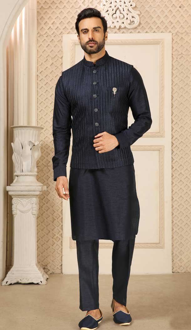 Banarasi Art Silk Work Navy Blue Color Men’s Kurta Pajama With Jacket -4606155926