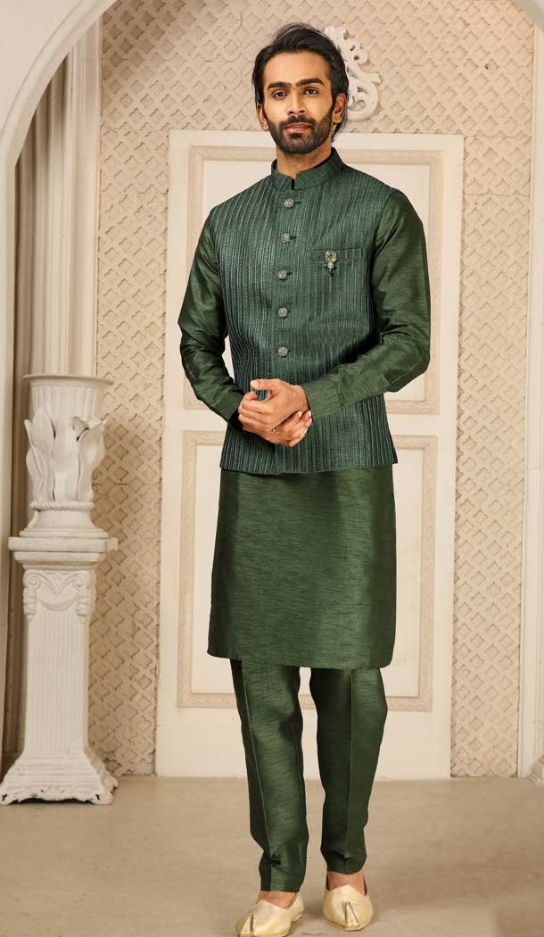 Banarasi Art Silk Work Green Color Men’s Kurta Pajama With Jacket -4606155927