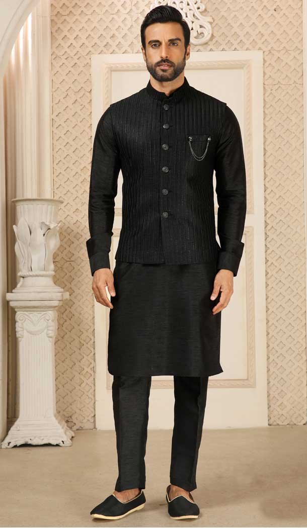 Banarasi Art Silk Work Black Color Men’s Kurta Pajama With Jacket -4606155928