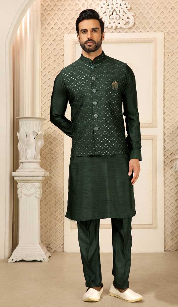 Green Color Banarasi Art Silk Men’s Function Wear Kurta Pajama With Jacket -4607155929