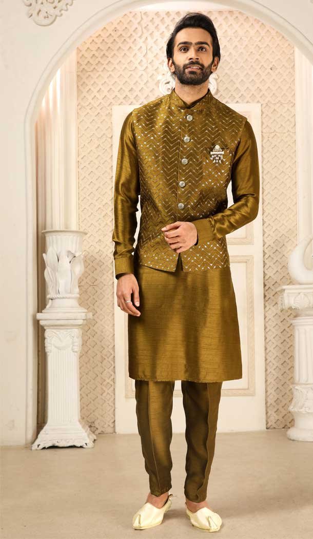 Mustard Color Banarasi Art Silk Men’s Function Wear Kurta Pajama With Jacket -4607155931