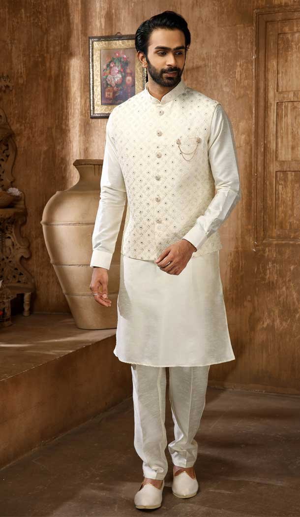 Cream Color Banarasi Art Silk Men’s Function Wear Kurta Pajama With Jacket -4607155932