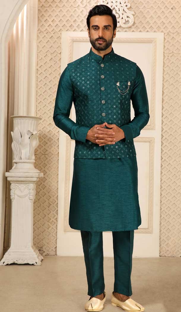 Rama Green Color Banarasi Art Silk Men’s Function Wear Kurta Pajama With Jacket – 4607155933