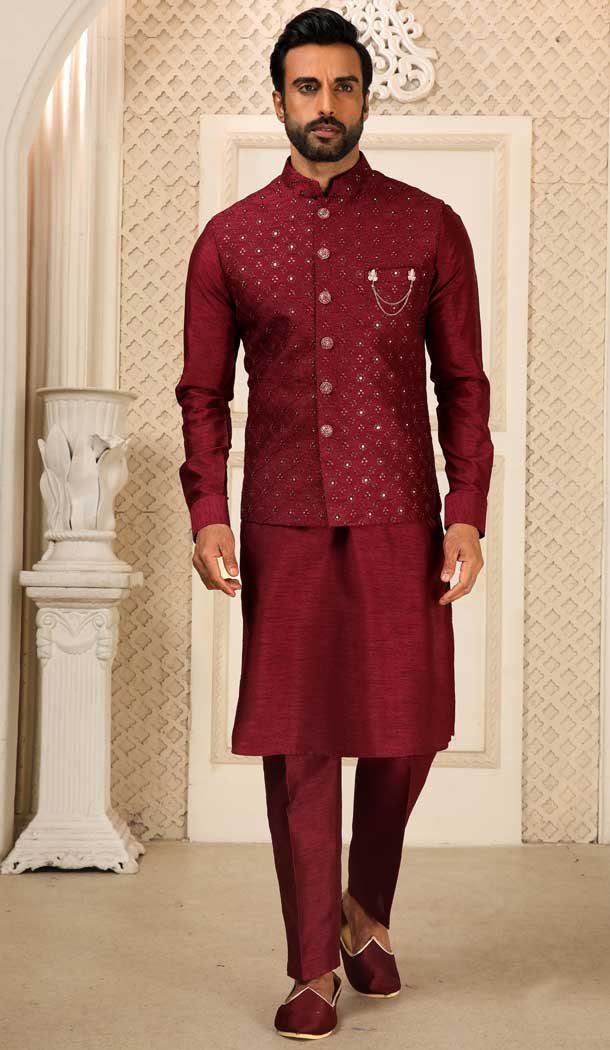 Maroon Color Banarasi Art Silk Men’s Function Wear Kurta Pajama With Jacket -4607155934