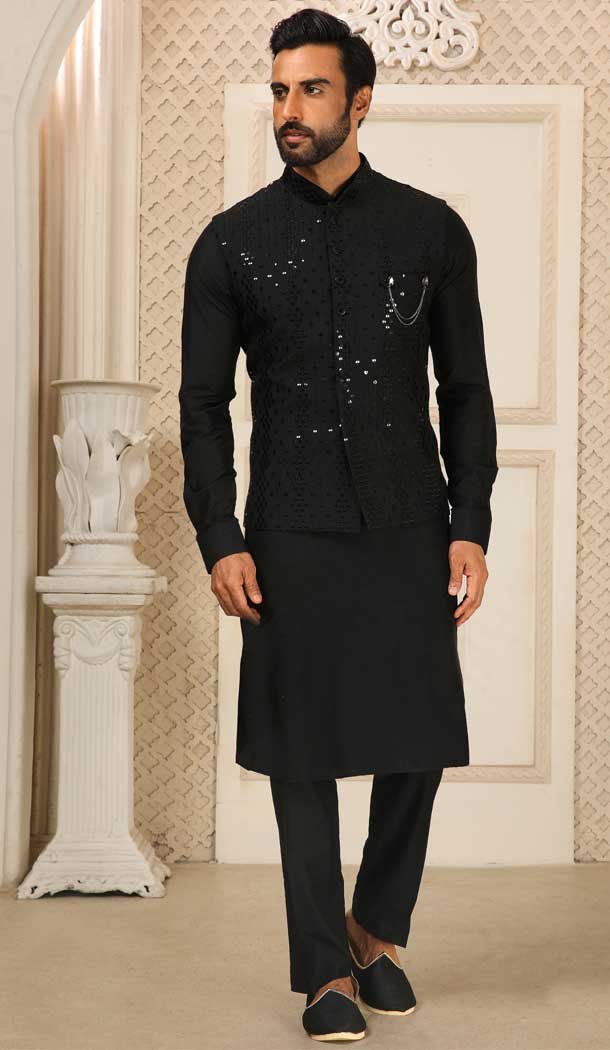 Function Wear Black Color Mirror Work Art Silk Men’s Kurta Pajama With Jacket -4607155935