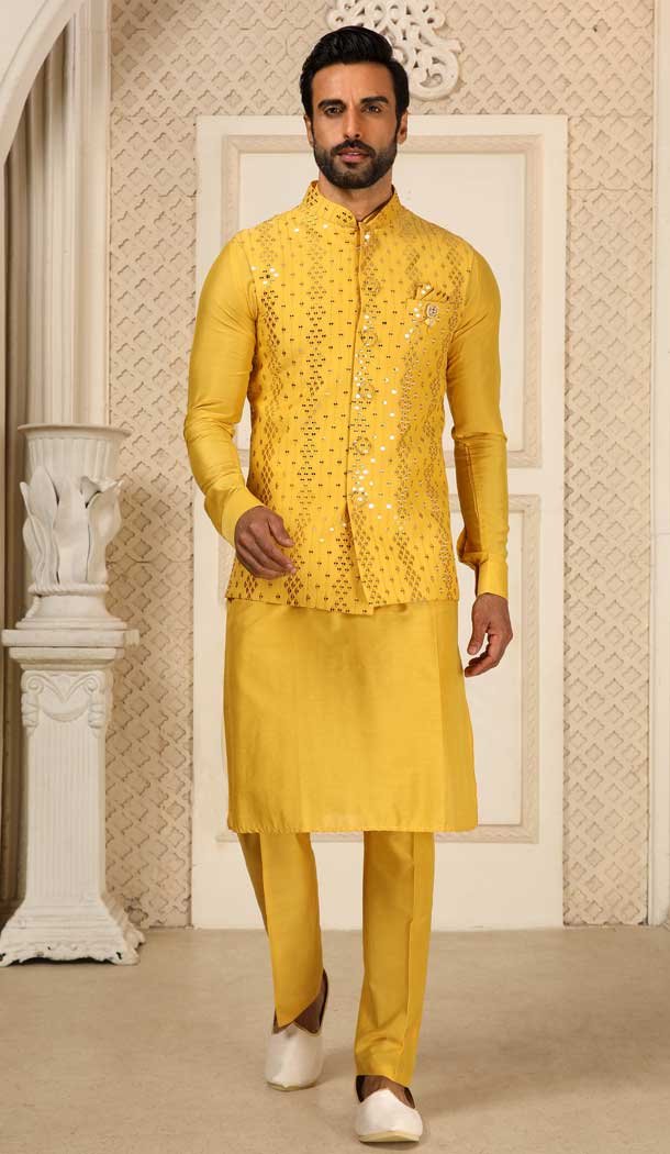 Function Wear Haldi Color Mirror Work Art Silk Men’s Kurta Pajama With Jacket -4607155936