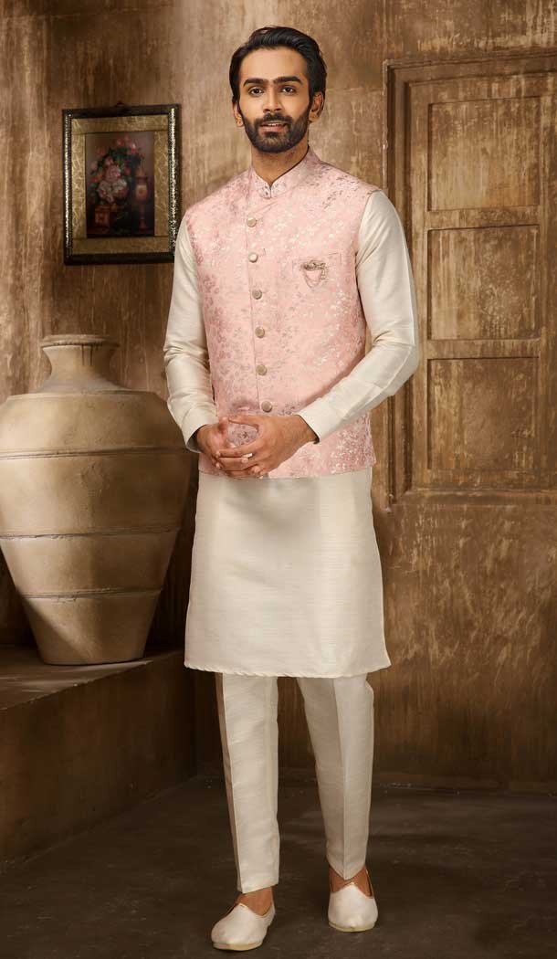 Weaving Work Jacquard Pink Cream Men’s Function Wear Kurta Pajama With Jacket -4607155949