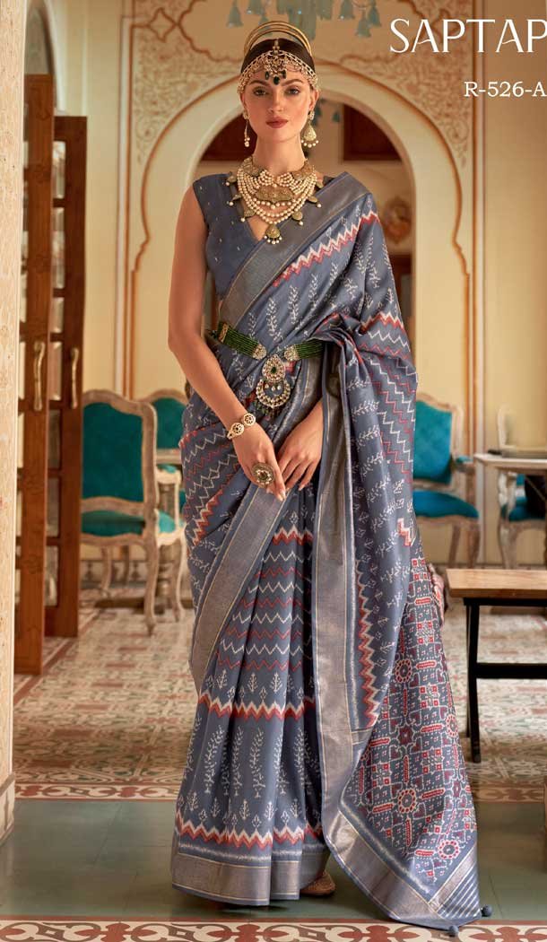 Grey Color Digital Print Work Smooth Patola Silk Casual Wear Women Saree -4630156209