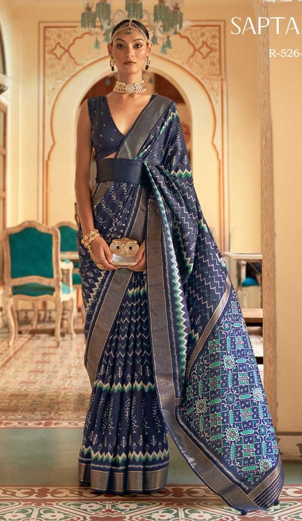 Navy Blue Color Digital Print Work Smooth Patola Silk Casual Wear Women Saree -4630156211