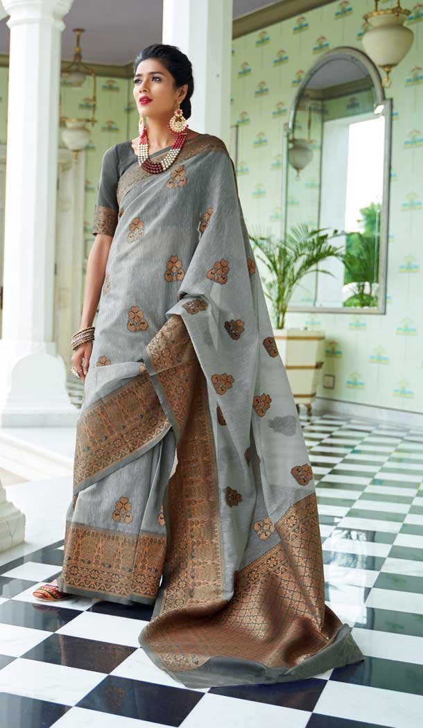 Grey Color Linen Silk Woven Zari Printed Work Traditional Party Wear Saree -4631156217