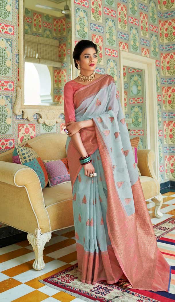 Sky Blue Color Linen Silk Woven Zari Printed Work Traditional Party Wear Saree -4631156218