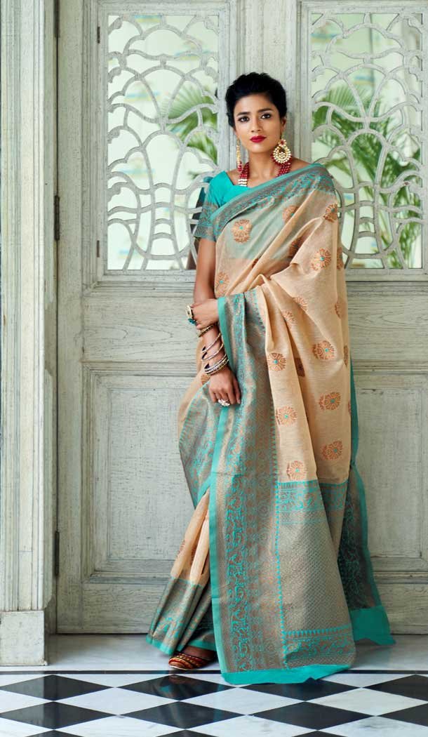 Cream Color Linen Silk Woven Zari Printed Work Traditional Party Wear Saree -4631156219