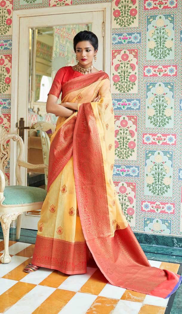 Yellow Color Linen Silk Woven Zari Printed Work Traditional Party Wear Saree -4631156220