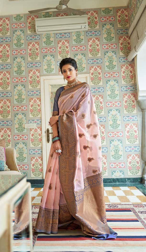 Light Pink Color Linen Silk Woven Zari Printed Work Traditional Party Wear Saree -4631156222