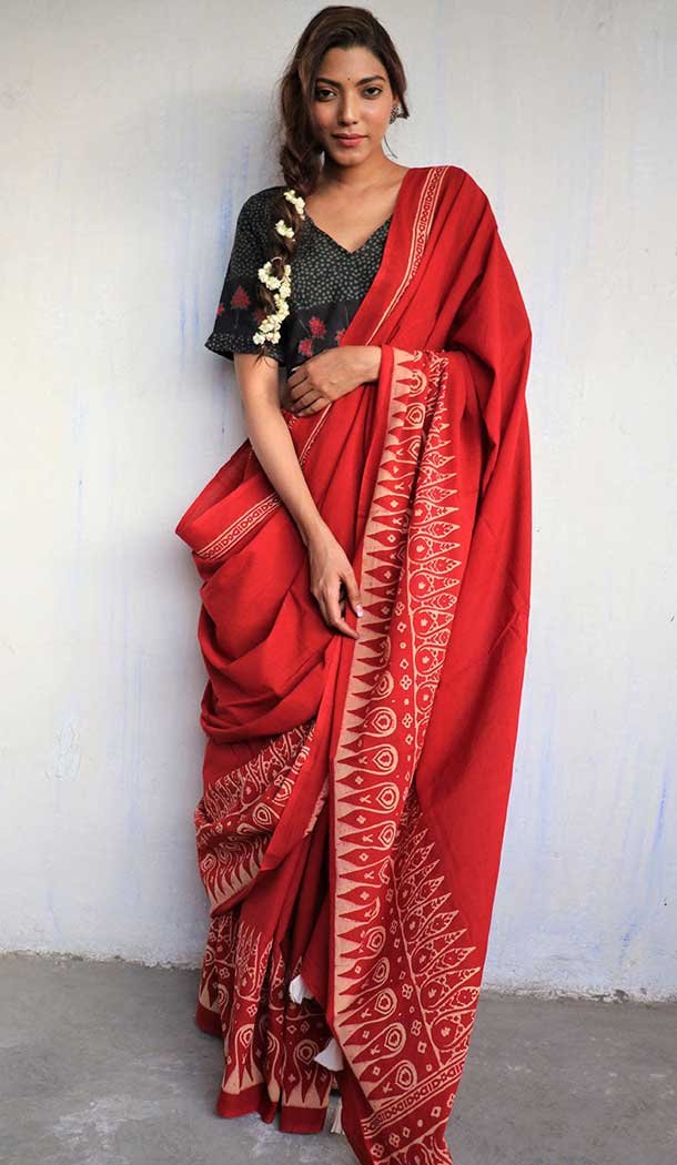 Red Color Soft Pure Cotton Printed Casual Party Wear Saree Blouse -4632156223