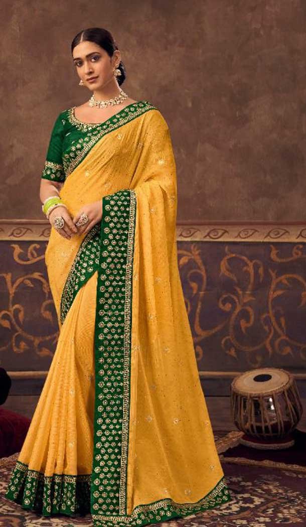 Chiffon Yellow Color Swarovski Work Casual Party Wear Saree Blouse -4541155385