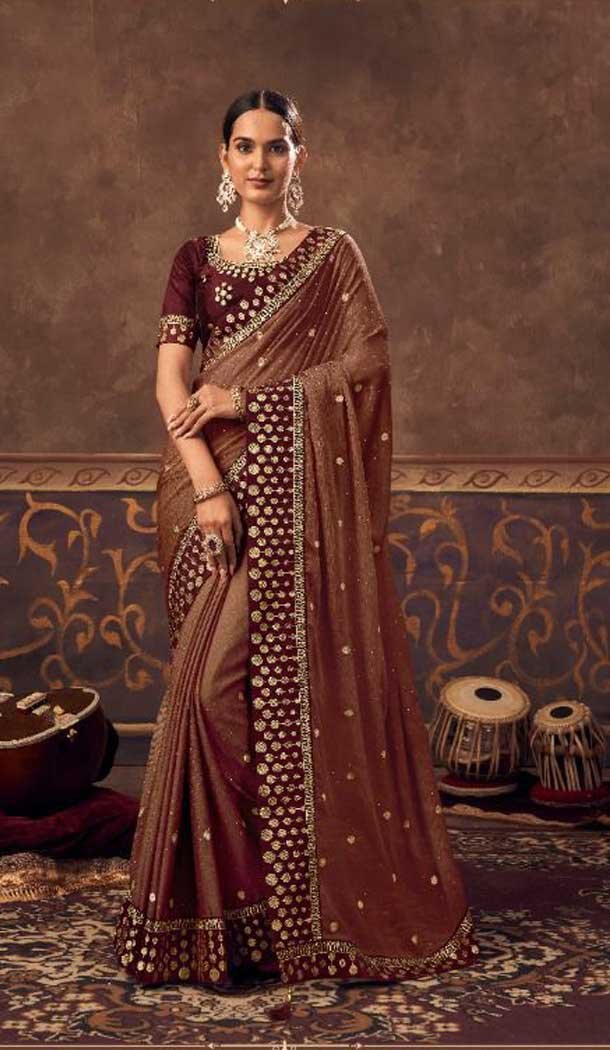 Brown Color Chiffon Swarovski Work Casual Party Wear Saree Blouse -4541155386