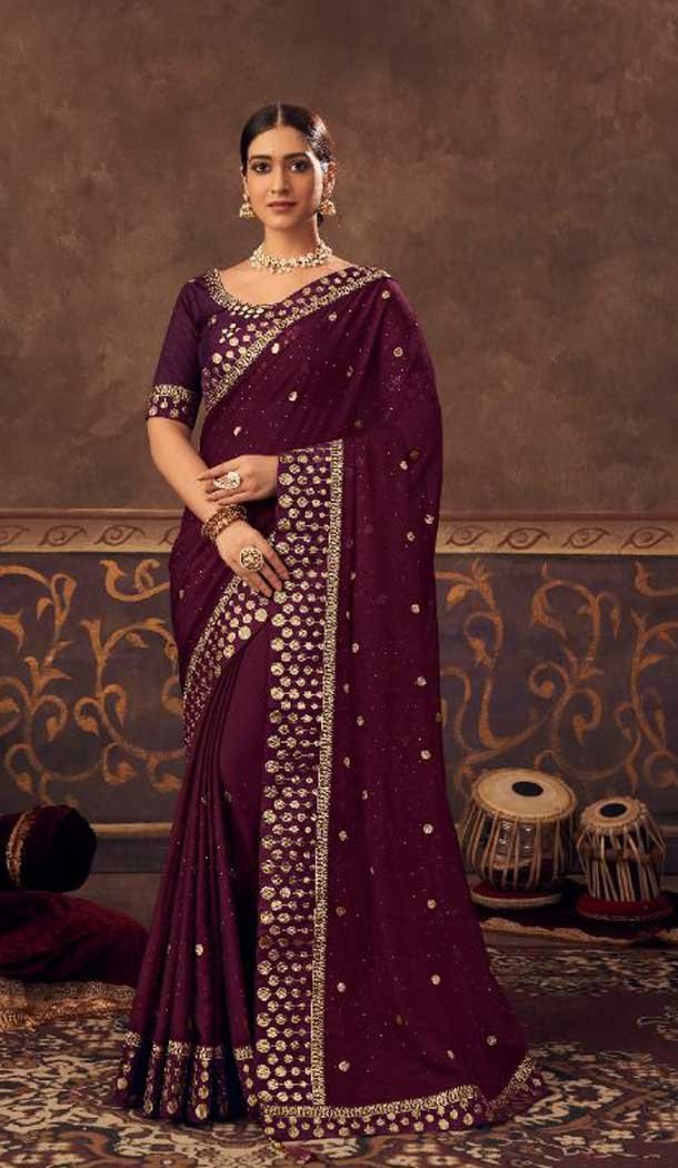 Party Wear Chiffon Wine Color Swarovski Work Designer Saree -4541155387