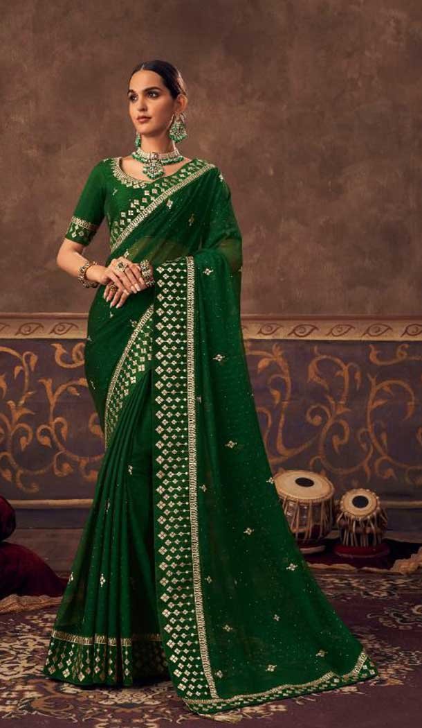 Chiffon Green Color Swarovski Work Casual Party Wear Saree Blouse -4541155388