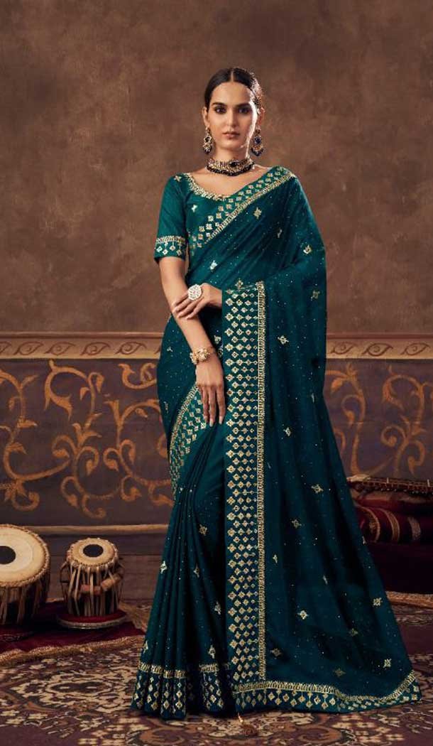 Chiffon Teal Blue Color Swarovski Work Casual Party Wear Saree Blouse -4541155390