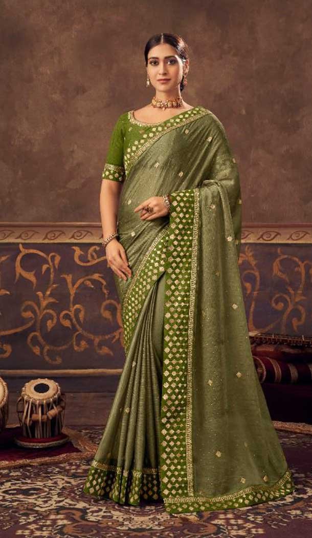 Chiffon Olive Green Color Swarovski Work Casual Party Wear Saree Blouse -4541155391