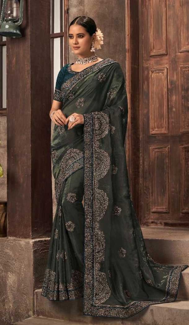 Olive Green Color Organza Swarovski Work Traditional Party Wear Saree -4567155545