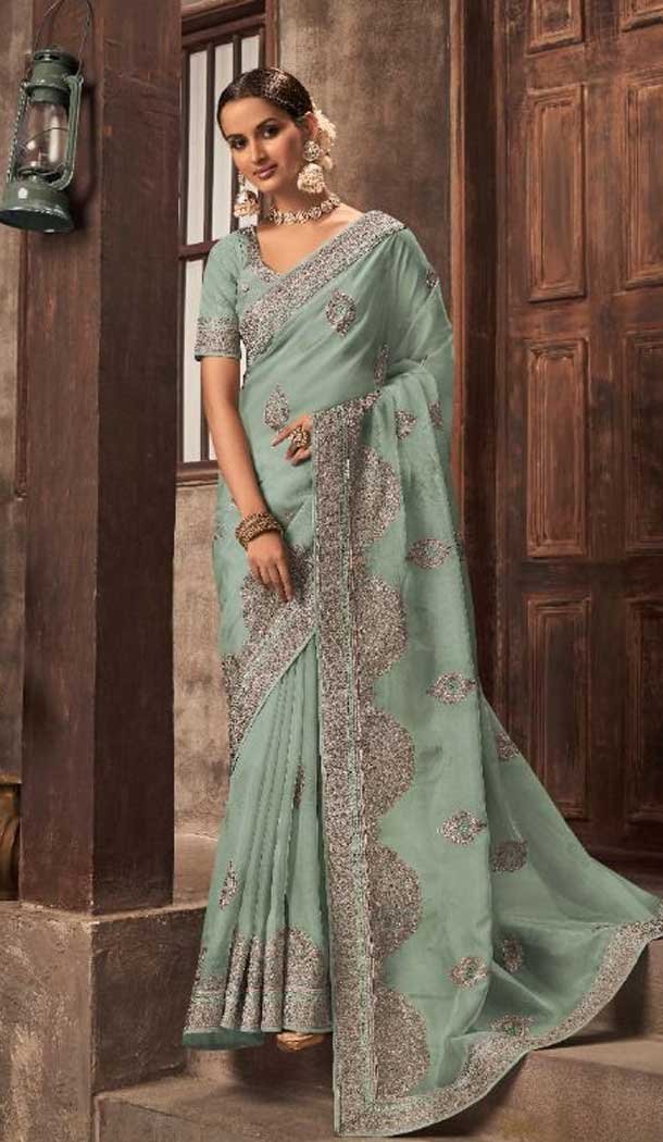 Sea Green Color Organza Swarovski Work Traditional Party Wear Saree -4567155546