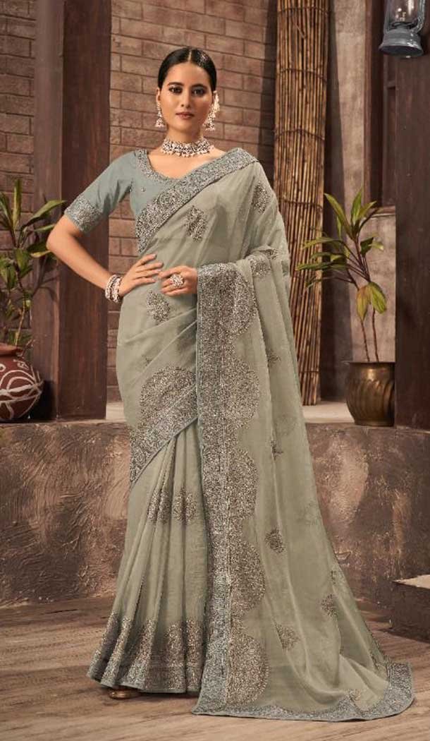 Mint Green Color Organza Swarovski Work Traditional Party Wear Saree -4567155547