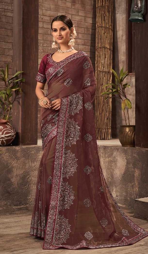 Dark Brown Color Organza Swarovski Work Traditional Party Wear Saree -4567155548