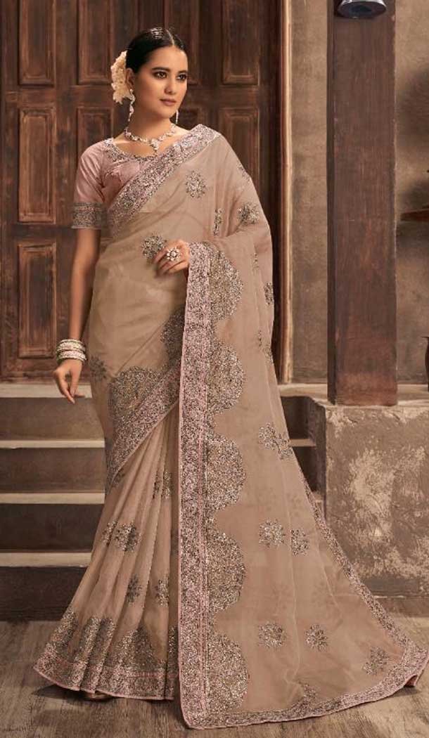 Beige Color Organza Swarovski Work Traditional Party Wear Saree -4567155549