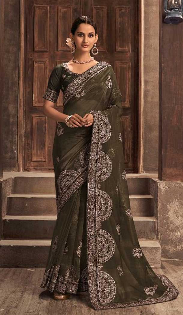 Dark Olive Color Organza Swarovski Work Traditional Party Wear Saree -4567155550