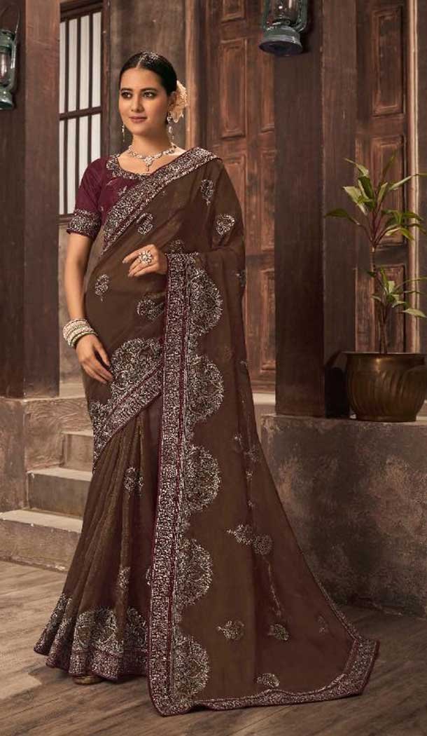 Brown Color Organza Swarovski Work Traditional Party Wear Saree -4567155551