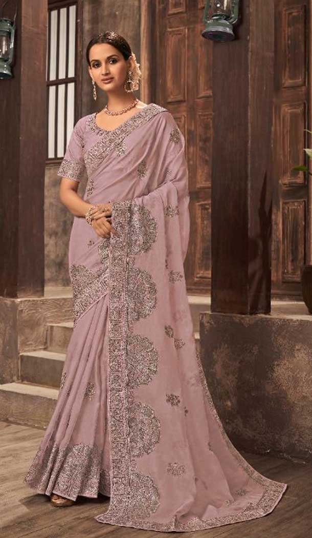 Light Pink Color Organza Swarovski Work Traditional Party Wear Saree -4567155552