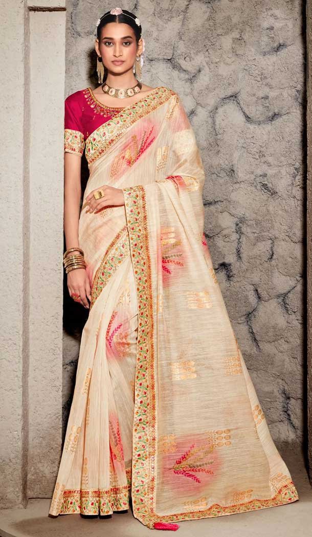 Festive Wear Light Cream Color Zari With Weaving Print Work Pure Cotton Saree -4568155554