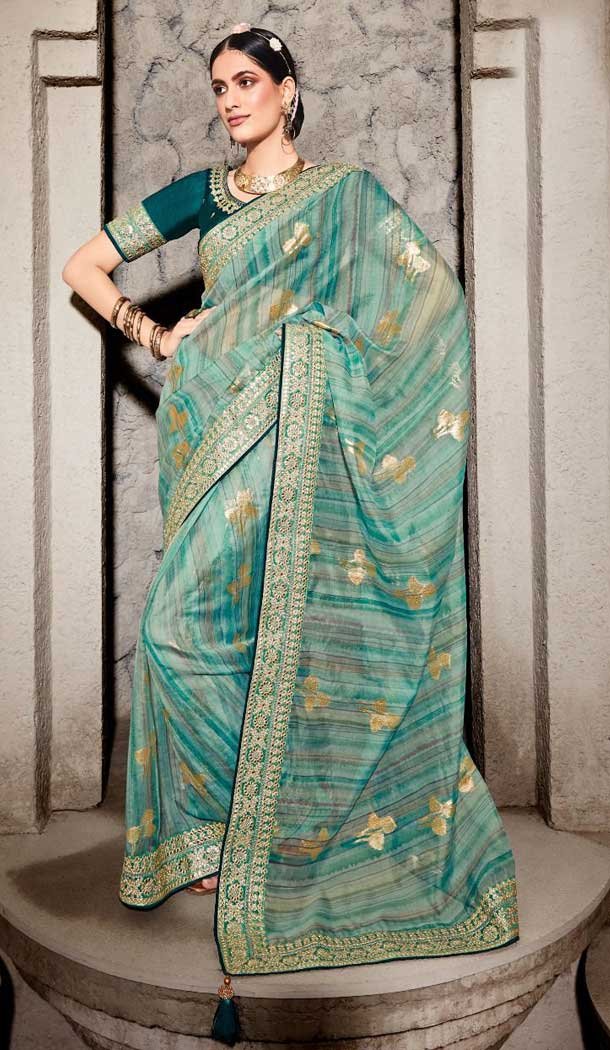 Festive Wear Sea Green Zari With Weaving Print Work Pure Cotton Saree -4568155555