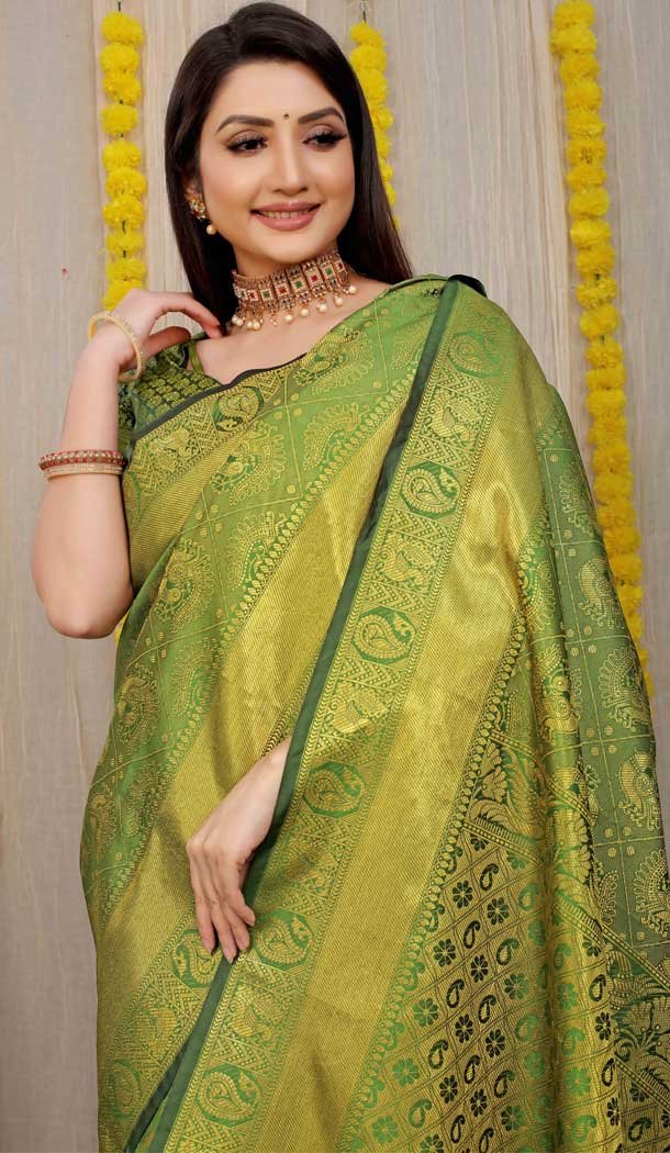 Mehndi Green Color Kanchipuram Silk Traditional Wear Saree With Jacquard Work -4591155759