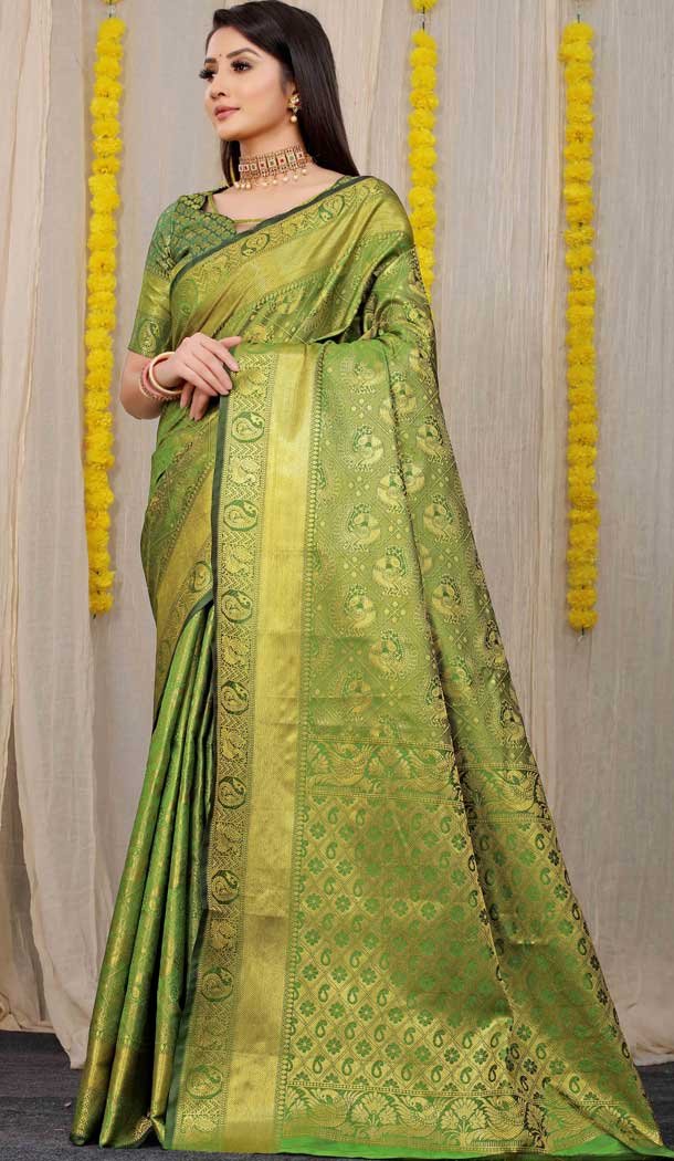 Mehndi Green Color Kanchipuram Silk Traditional Wear Saree With Jacquard Work -4591155759