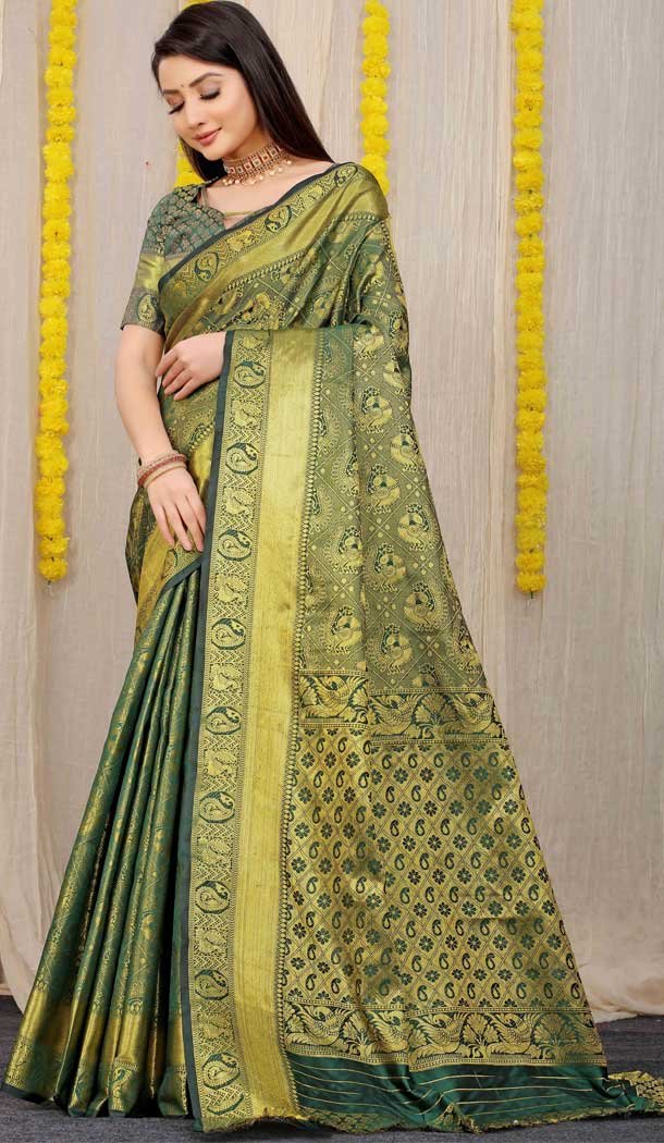 Dark Green Color Kanchipuram Silk Traditional Wear Saree With Jacquard Work -4591155760