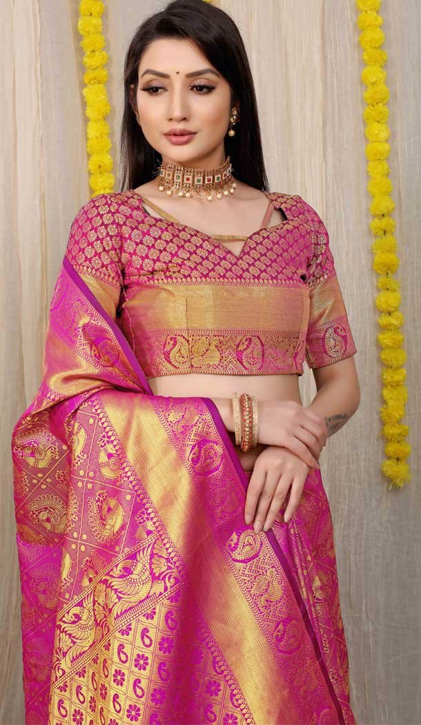 Pink Color Kanchipuram Silk Traditional Wear Saree With Jacquard Work -4591155761